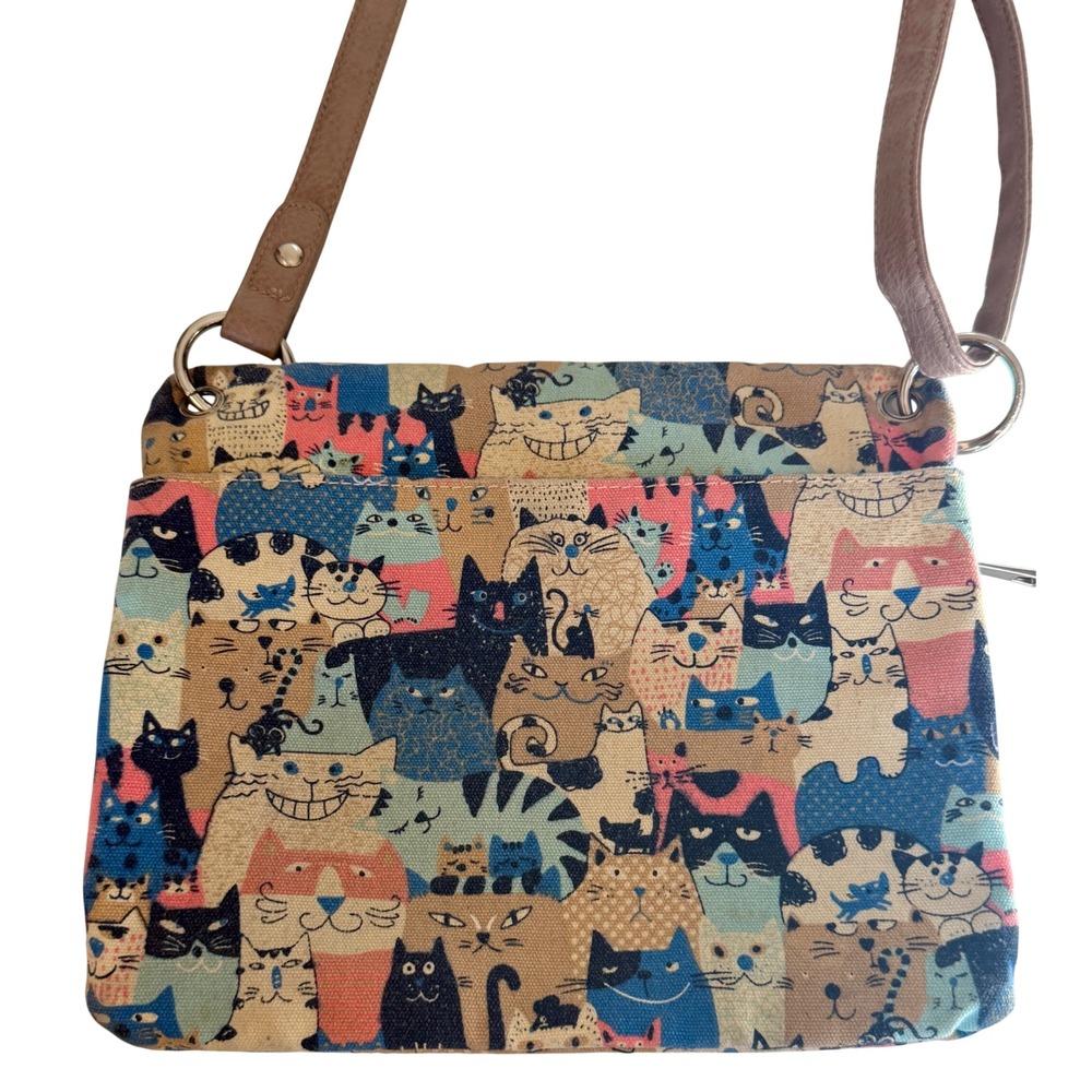Whimsical Cartoon Cat Print Cotton Canvas Crossbody Bag Multi Color Zip Pockets